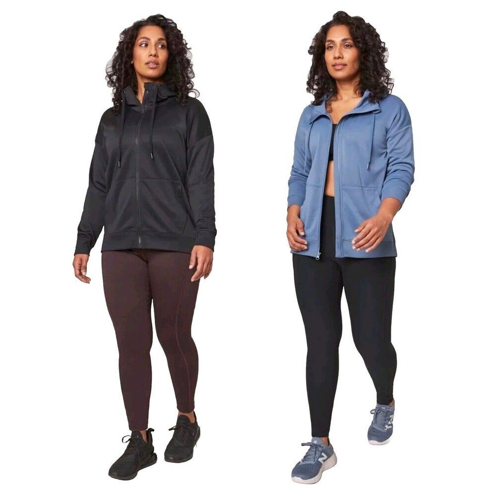 2pk Mondetta Womens Performance Full Zip Fleece Hoodie Pockets Blue Black, Sz S